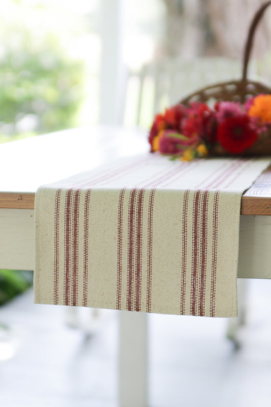 Grain Sack Fabric Table Runner Cream With 12 Red Stripes -Length 6'