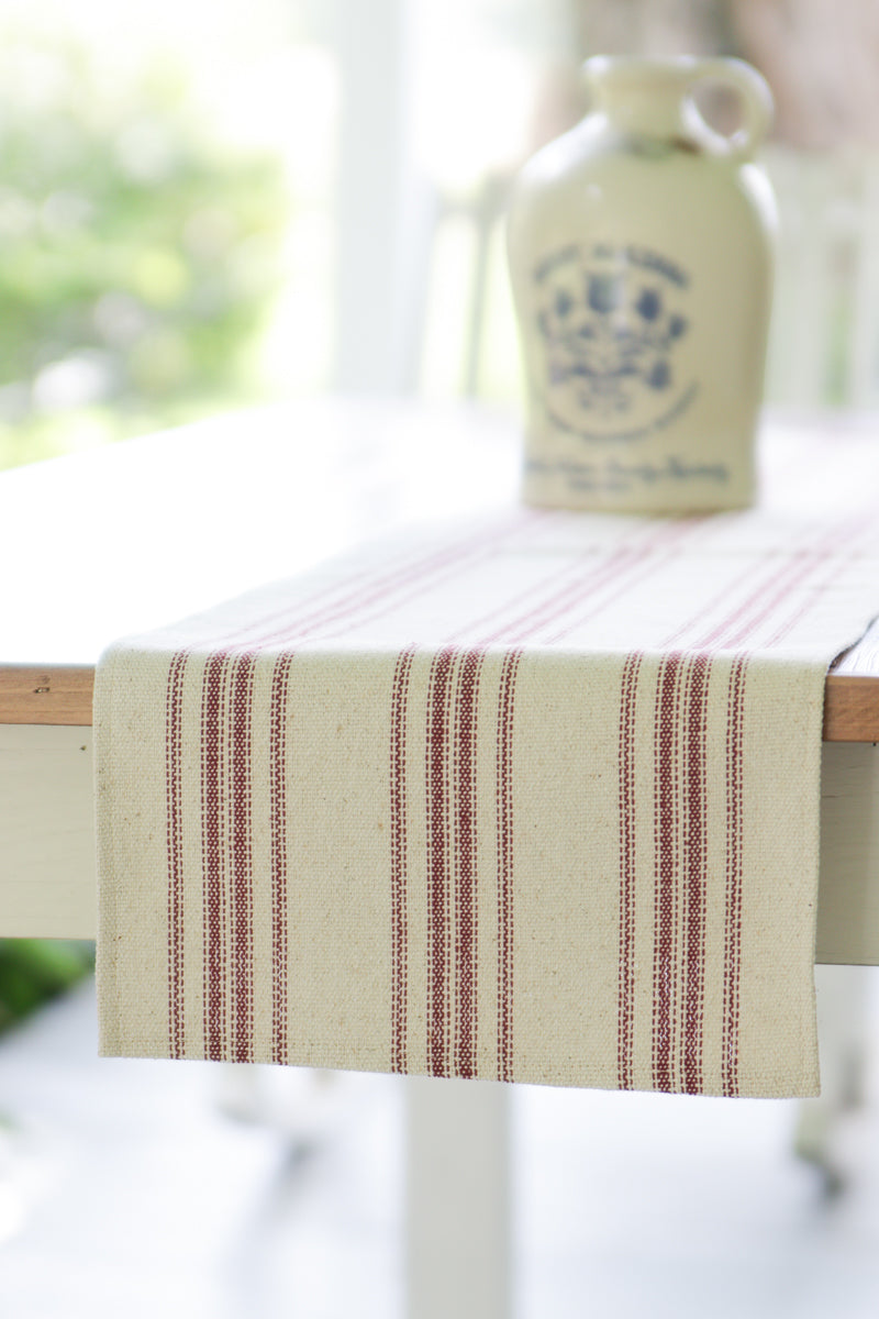 Grain Sack Fabric Table Runner Cream With 12 Red Stripes -Length 6'