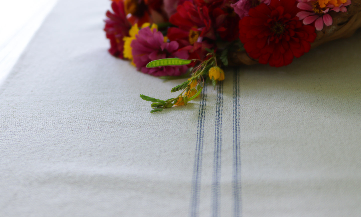 Grain Sack Fabric Table Runner Cream With 3 Small Blue Stripes - Length 5'