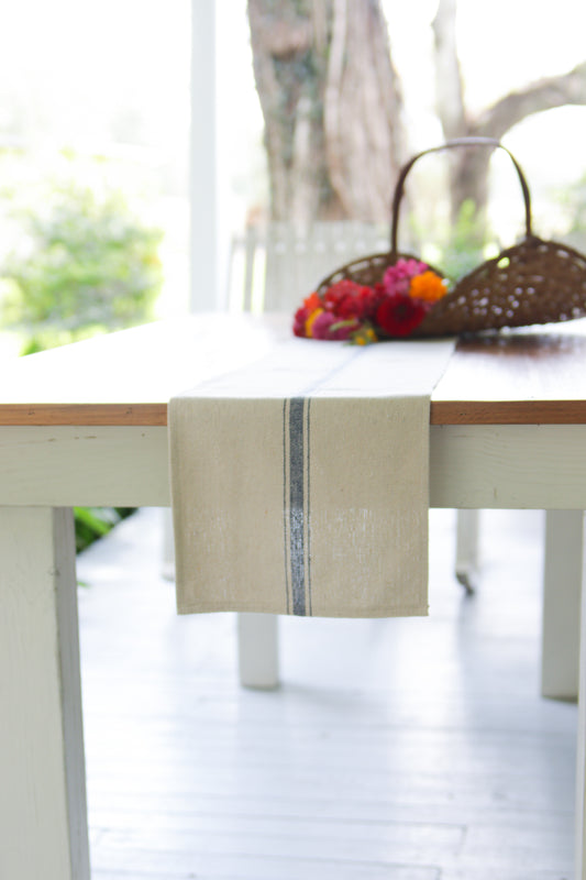 Grain Sack Fabric Cream Table Runner With Blue Stripes- 6'