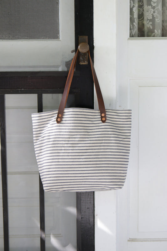 Blue Ticking Stripe Bag With Genuine Leather Handles